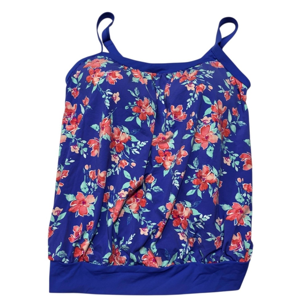 Lands' End Tankini Top Women 12 D Blue Floral Blouson Swimwear Adjustable Straps